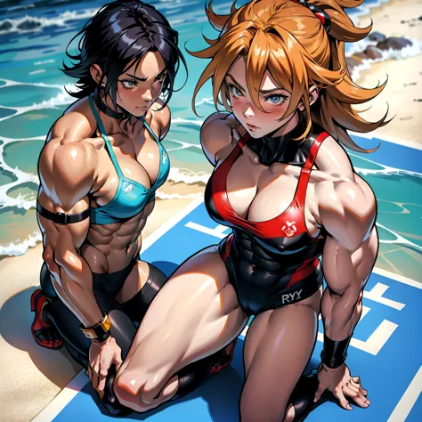 アニメ cel-shading female goddess bodybuilding, muscle, on the beach in ((anime + manga + comics + cartoon) style)