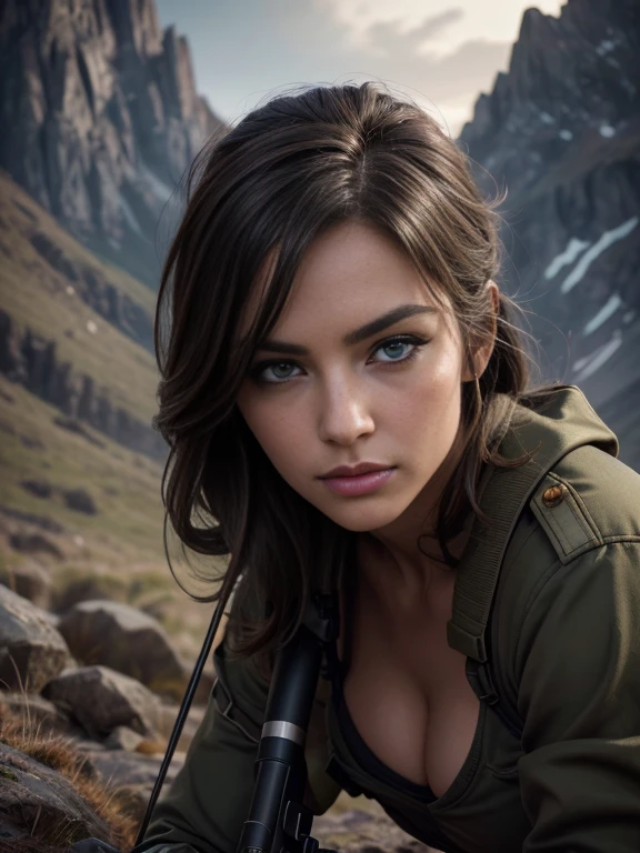 a highly detailed portrait of Quite as a sniper, beautiful detailed eyes, beautiful detailed lips, extremely detailed eyes and face, long eyelashes, military uniform, cleavage, midriff, scoped rifle, crouching in a sniper position, rocky mountain terrain, moody dramatic lighting, cinematic composition, photorealistic, 8k, hyper detailed