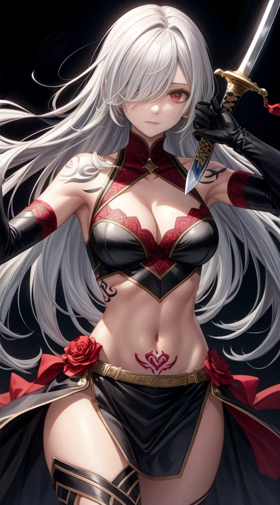 1girl, weapon, solo, holding_weapon, red_eyes, long_hair, holding, sword, gloves, hair_over_one_eye, breasts, holding_sword, navel, looking_at_viewer, armpits, tattoo, elbow_gloves, cleavage, bangs, hair_ornament, white_hair, bare_shoulders, grey_hair, black_background, black_gloves