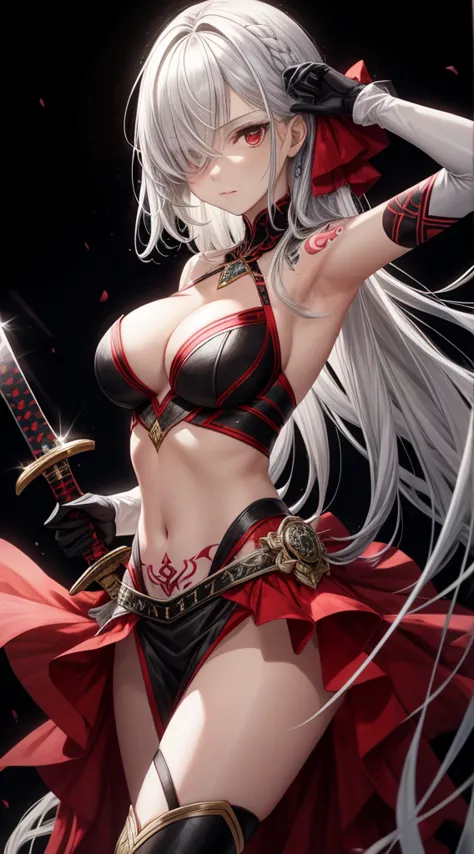 1girl, weapon, solo, holding_weapon, red_eyes, long_hair, holding, sword, gloves, hair_over_one_eye, breasts, holding_sword, nav...