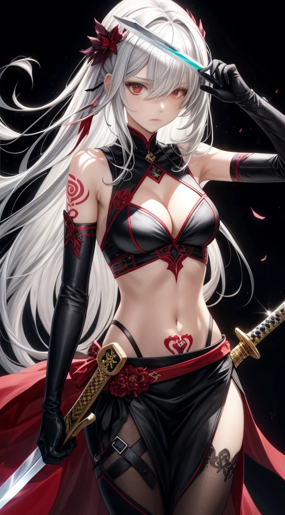 1girl, weapon, solo, holding_weapon, red_eyes, long_hair, holding, sword, gloves, hair_over_one_eye, breasts, holding_sword, navel, looking_at_viewer, armpits, tattoo, elbow_gloves, cleavage, bangs, hair_ornament, white_hair, bare_shoulders, grey_hair, black_background, black_gloves