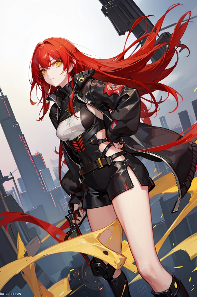 　Red Hair　Yellow Eyes　Bob　外はねBob　Confused eyes　Bob　Red Hair　Thick, vibrant red hair　Bob　whole body　female性　female　Cyberpunk Costume　Yellow costume　黄色いCyberpunk Costume　Dynamic pose　battle　electricity