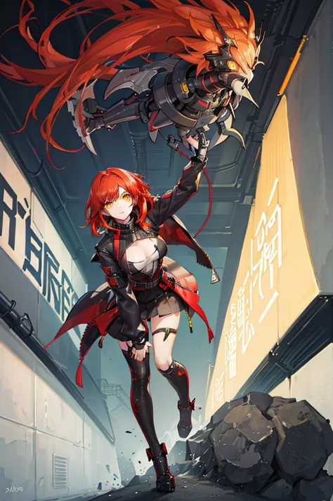 red hair　yellow eyes　bob　外はねbob　confused eyes　bob　red hair　thick, vibrant red hair　bob　whole body　female性　female　cyberpunk costu...