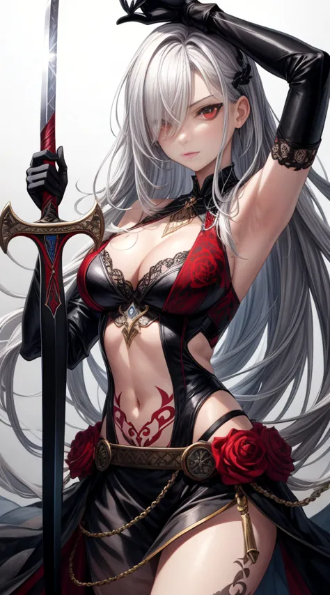 1girl, weapon, solo, holding_weapon, red_eyes, long_hair, holding, sword, gloves, hair_over_one_eye, breasts, holding_sword, nav...