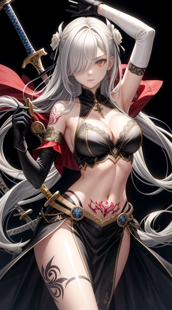 1girl, weapon, solo, holding_weapon, red_eyes, long_hair, holding, sword, gloves, hair_over_one_eye, breasts, holding_sword, navel, looking_at_viewer, armpits, tattoo, elbow_gloves, cleavage, bangs, hair_ornament, white_hair, bare_shoulders, grey_hair, black_background, black_gloves