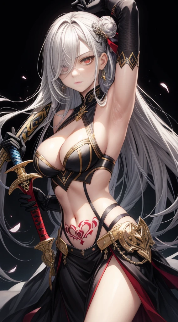 1girl, weapon, solo, holding_weapon, red_eyes, long_hair, holding, sword, gloves, hair_over_one_eye, breasts, holding_sword, navel, looking_at_viewer, armpits, tattoo, elbow_gloves, cleavage, bangs, hair_ornament, white_hair, bare_shoulders, grey_hair, black_background, black_gloves