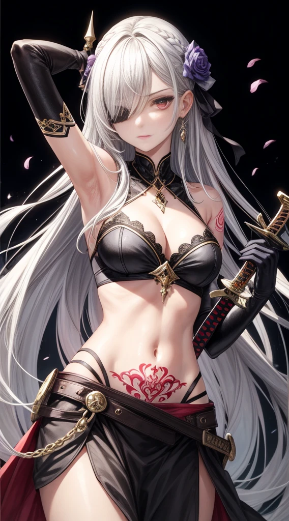 1girl, weapon, solo, holding_weapon, red_eyes, long_hair, holding, sword, gloves, hair_over_one_eye, breasts, holding_sword, navel, looking_at_viewer, armpits, tattoo, elbow_gloves, cleavage, bangs, hair_ornament, white_hair, bare_shoulders, grey_hair, black_background, black_gloves