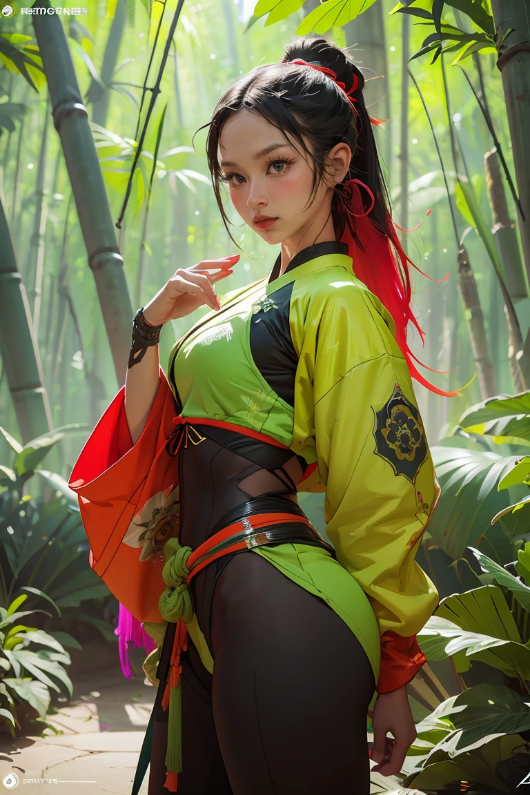 bamboo forest background，A look of determination，colorful vivid octane render, cybernetic and highly detailed, loba andrade from apex legends, created in unreal engine 5, made in unreal engine 5, trending on unreal engine 5, Antique portraits, Martial arts fantasy style 8k octane rendering, rendered in unreal 5, rendered in high octane