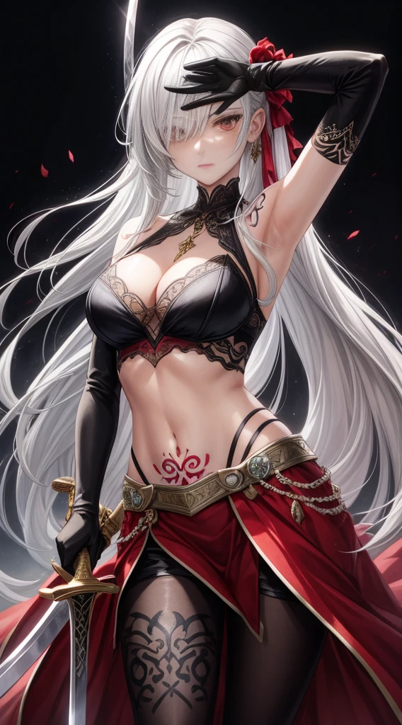 1girl, weapon, solo, holding_weapon, red_eyes, long_hair, holding, sword, gloves, hair_over_one_eye, breasts, holding_sword, navel, looking_at_viewer, armpits, tattoo, elbow_gloves, cleavage, bangs, hair_ornament, white_hair, bare_shoulders, grey_hair, black_background, black_gloves