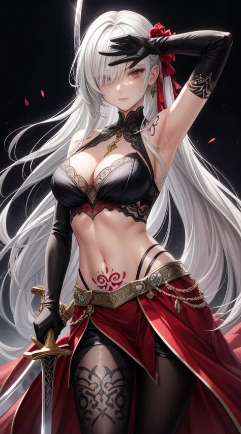 1girl, weapon, solo, holding_weapon, red_eyes, long_hair, holding, sword, gloves, hair_over_one_eye, breasts, holding_sword, nav...