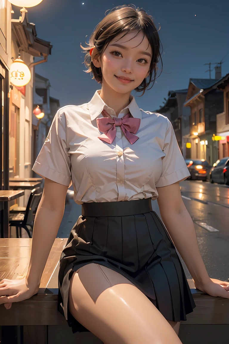 (8k, best quality, masterpiece:1.2), (sfw:1.3), (realistic, photo-realistic:1.37), ultra-detailed, 1 girl,cute, solo,beautiful detailed sky,detailed cafe,night,sitting,dating,(nose blush),(smile:1.1),(closed mouth) medium breasts,beautiful detailed eyes,(collared shirt:1.1), bowtie,pleated skirt,(short hair:1.2),floating hair