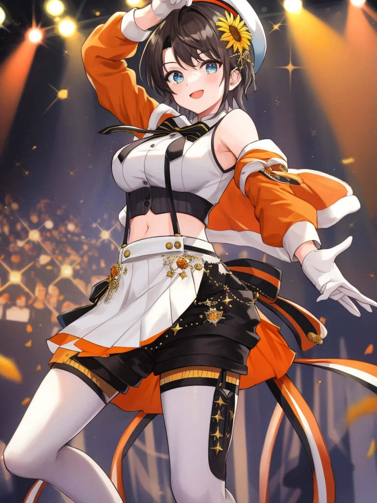 2D, ​masterpiece, top-quality, animesque, ighly detailed, Highly detailed, Full body, 1girl in, Solo, Subaru_Superstar, Orange jacket, White Gloves, Midriff, Black Suspender Shorts, waist cape, White cap, White leggings, striped bowtie, Sunflower hair ornament, Dynamic Pose, stage, orange lights, One Eye