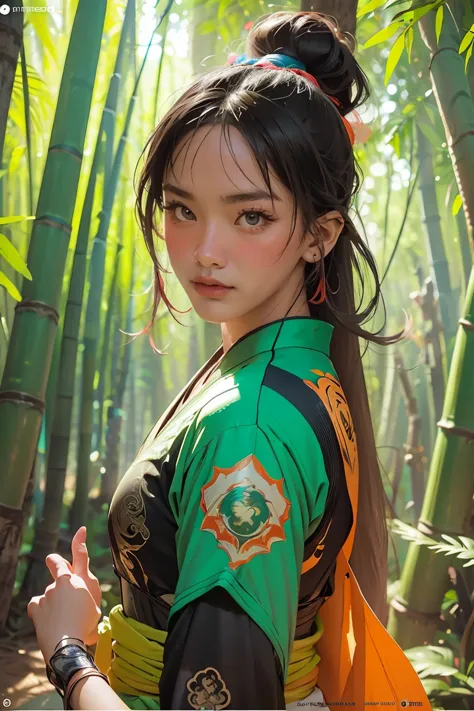 bamboo forest background，a look of determination，colorful vivid octane render, cybernetic and highly detailed, loba andrade from...