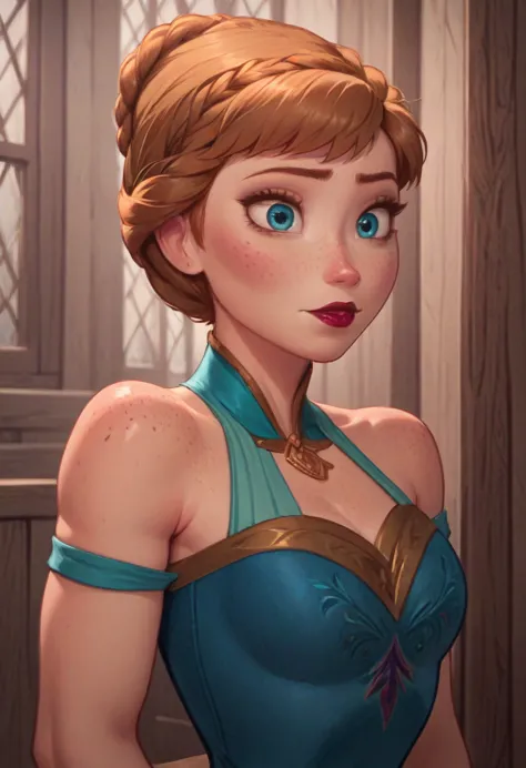 ((masterpiece, best quality)), disney reference, (anna), anna grins, lipstick, freckles on face, upper body: bare shoulders, ski...