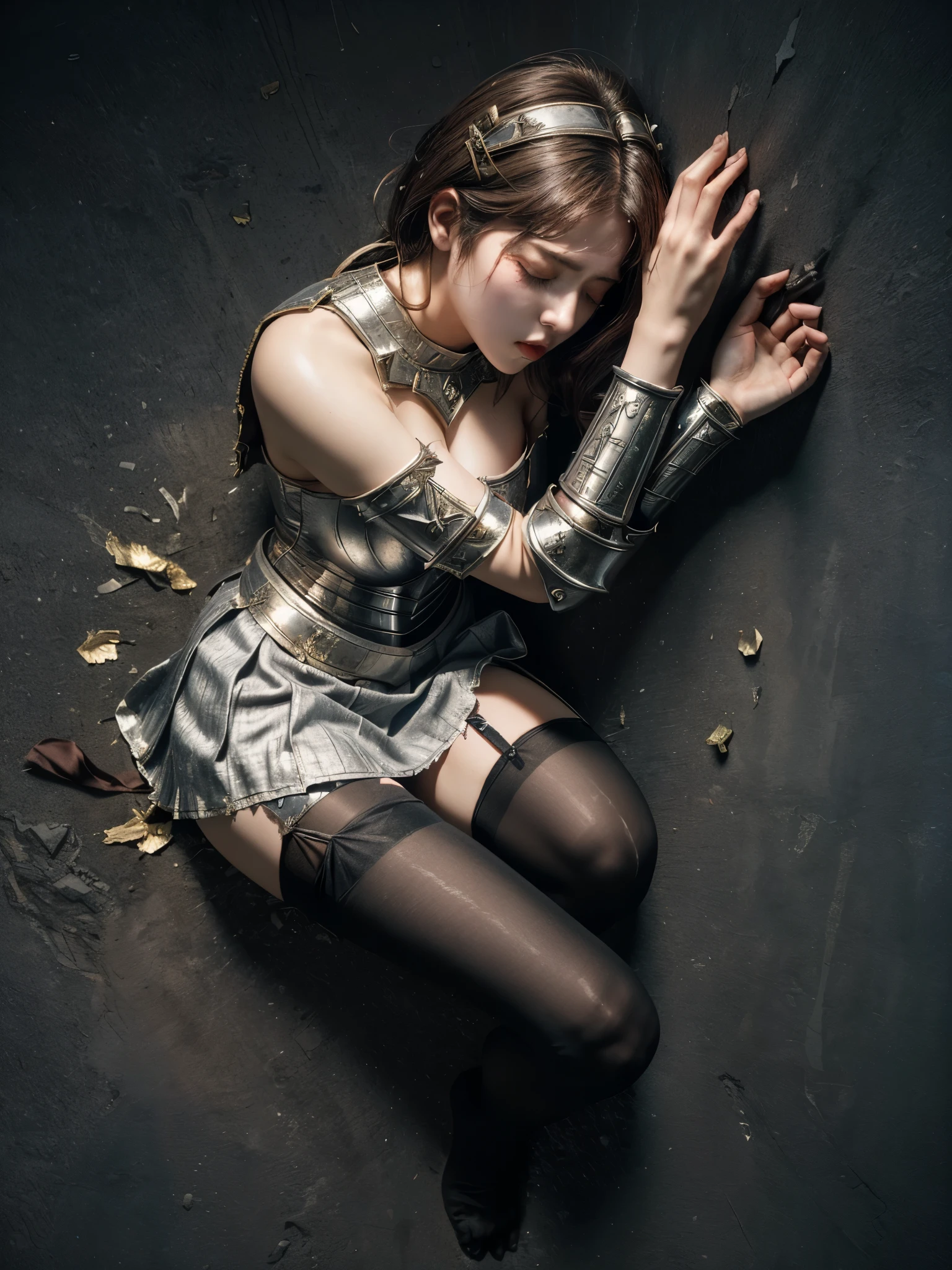 masterpiece, best quality photography, a unconscious woman with blood on her body laying on the ground, a female knight, wear medieval armor and cotton mini_skirt and stocking, pantyhose:1.2, closed eyes, limp body, dead girl, torn stocking