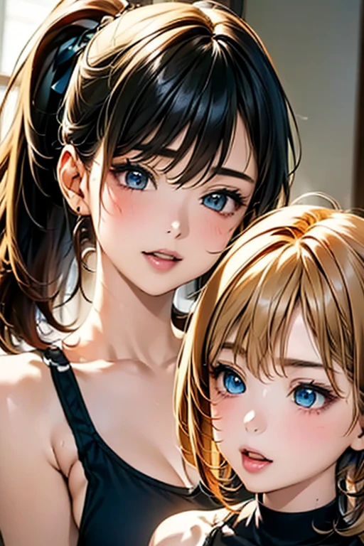 masterpiece, best quality, ultra-detailed, beautiful detailed eyes, jitome, (2girls:1.6)、((The woman on the right has short blonde hair、The woman on the left has black hair in a ponytail.)), (mid breast, from below), Adult women、blush, pout, open wavy mouth, close up eyes,, standing straight, cleavege,