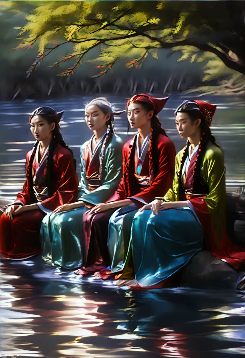 a group of beautiful slender young elf girls resting on the river bank, charming, (sakimichan style:1.7), fantasy sty