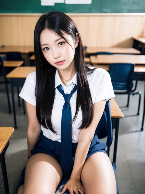 girl, Light blue long hair, Dark Blue, Sitting at the desk in the classroom，Open your thighs，black，Charming expression