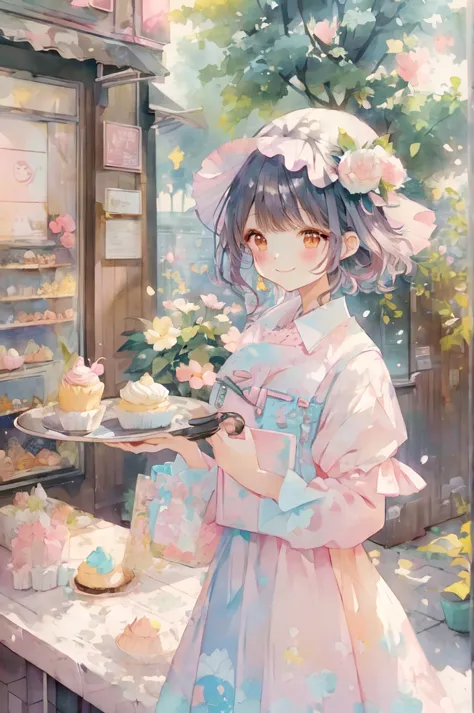 anime smiling girl in a pink dress holding a tray of cupcakes, lofi girl, guweiz, guweiz on pixiv artstation, artwork in the sty...