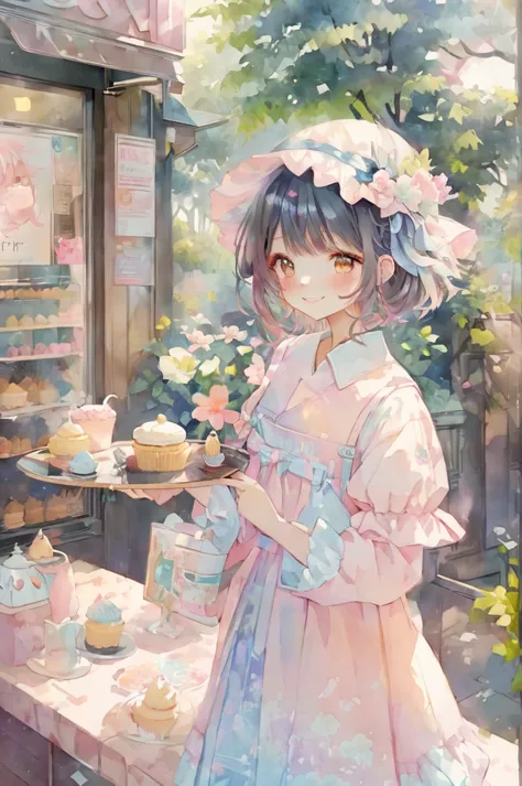 anime smiling girl in a pink dress holding a tray of cupcakes, lofi girl, guweiz, guweiz on pixiv artstation, artwork in the sty...