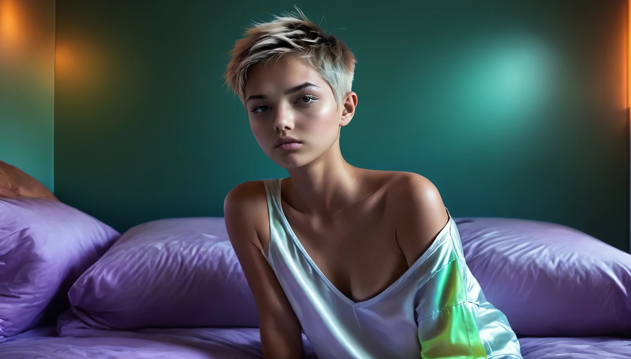 Top Quality, Masterpiece, High Resolution, 8k, ((Teenager, 16 Years Old)), ((tomboy girl in short silky oversized huddie with plunging neckline under the armpits und satin shorts, side boob, wide neckline, deep neckline)), (bare belly, small perky breasts, detailed face, detailed eyes, thin eyebrow, detailed lips, small hips, no makeup, some tattoos), (tomboy, Tomboy Style, tomboyish), (randowm short hair style, straight hair, short pixie cut hair), (((on the bed, moody atmosphere, dim light, dramatic and neon colors, futuristic setting, intricate details, at night, random pose, neon colors))), full body view