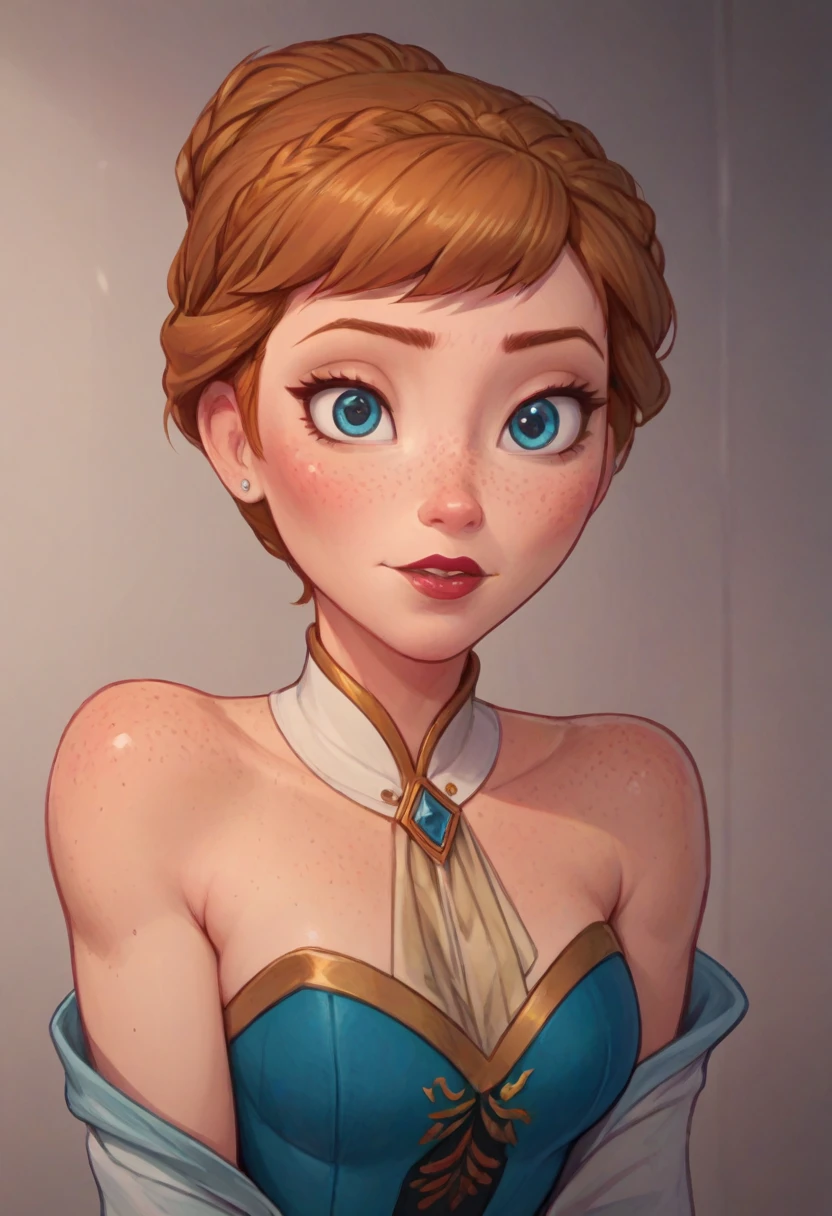 ((masterpiece, best quality)), Disney reference, (Anna), Anna grins, lipstick, freckles on face, upper body: bare shoulders, skinny 