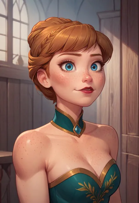 ((masterpiece, best quality)), disney reference, (anna), anna grins, lipstick, freckles on face, upper body: bare shoulders, ski...