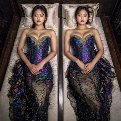 In a striking 8K HDR scene, a stunning Korean woman, 22 years old, lies peacefully in a black coffin surrounded by plush pillows...