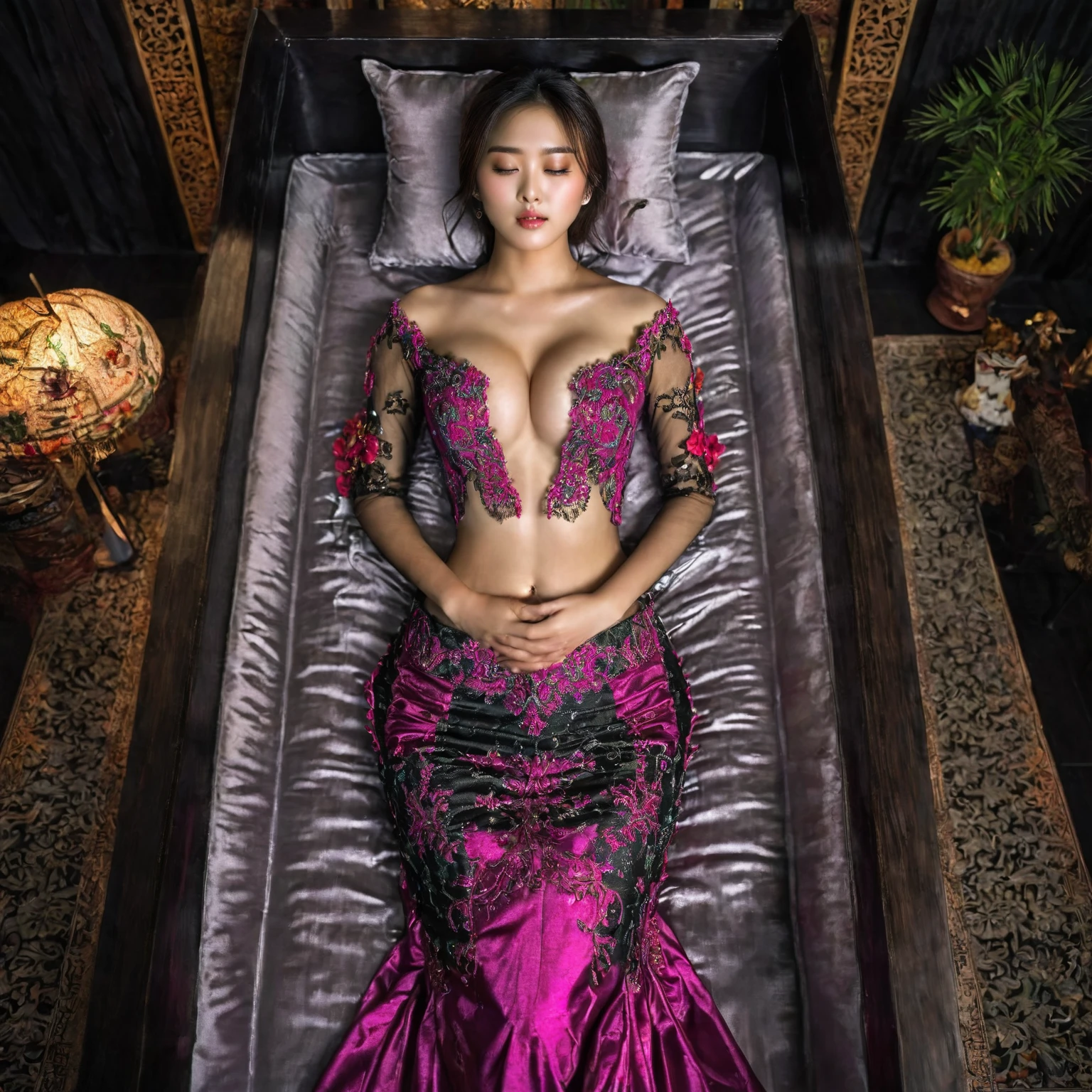 In a striking 8K HDR scene, a stunning Korean woman, 22 years old, lies peacefully in a black coffin surrounded by plush pillows. The deep box is set against a rich black background, accentuating the beauty of the subject. Her exquisite deep-V neckline kebaya attire is embroidered with superb detail, showcasing her round and firm breasts, perfect cleavage, and beautiful eyebrows. Her closed eyes and mouth give an air of serenity, while her visible and absolute cleavage leave nothing to imagination. The scene is bathed in saturated colors, highlighting every intricate aspect from the ball skirt to her clean face, straight body, detailed hand perfect hands, straight body, own hands together, own hand on stomach, detailed hands, perfect hands.