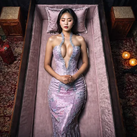 in a striking 8k hdr scene, a stunning korean woman, 22 years old, lies peacefully in a black coffin surrounded by plush pillows...