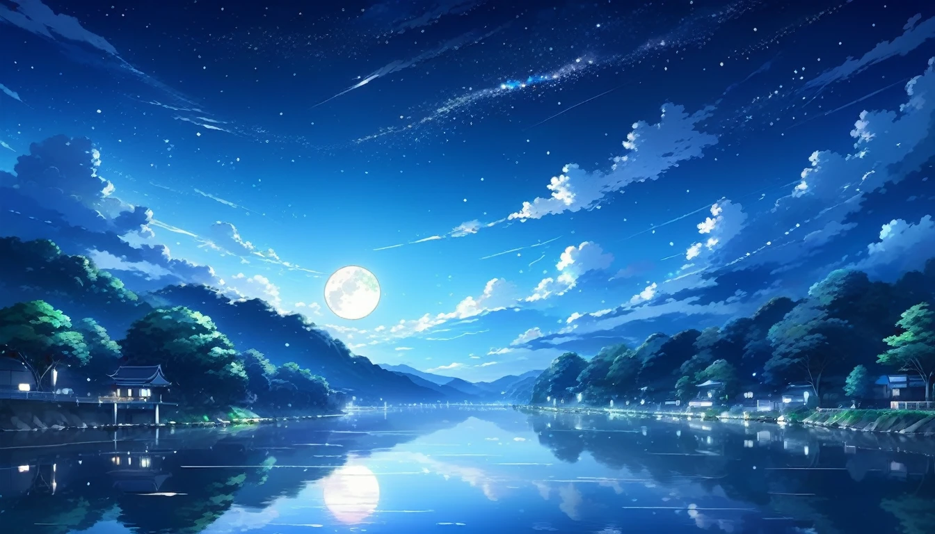 16:9 A painting，There are stars on the river，There is a moon in the sky，The concept art was inspired by Tosa Mitsuoki，Pixiv competition winner，best qualtiy，Fantasyart，beautiful anime scenes，A bright moon，Starry sky environment in moonlight，Dream painting，Anime background art，dream scenery art，Fantastic night, anime backgrounds, background artwork, dreamlike art, Atmospheric anime, starrysky，Detail enhancement。