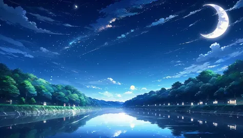 16:9 A painting，There are stars on the river，There is a moon in the sky，The concept art was inspired by Tosa Mitsuoki，Pixiv comp...