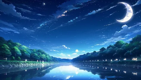 16:9 a painting，there are stars on the river，there is a moon in the sky，the concept art was inspired by tosa mitsuoki，pixiv comp...