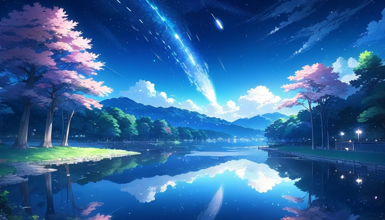 masterpiece, masterpiece, Super detailed, meteor, comet, moon, starry sky, lake reflection, a dream-like scene, Colorful Trees々々々々々, anime CG, Exquisite images,