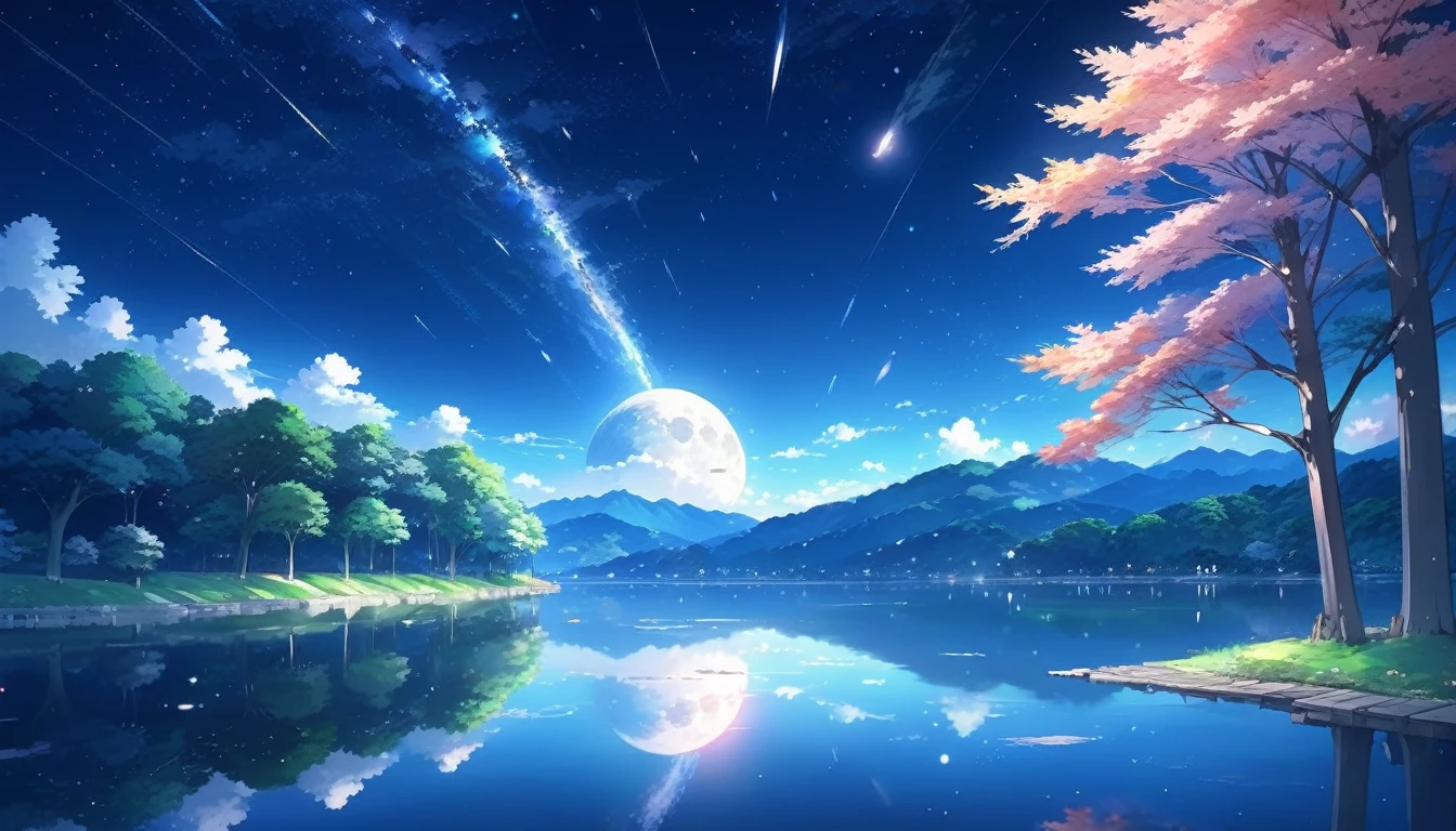 masterpiece, masterpiece, Super detailed, meteor, comet, moon, starry sky, lake reflection, a dream-like scene, Colorful Trees々々々々々, anime CG, Exquisite images,