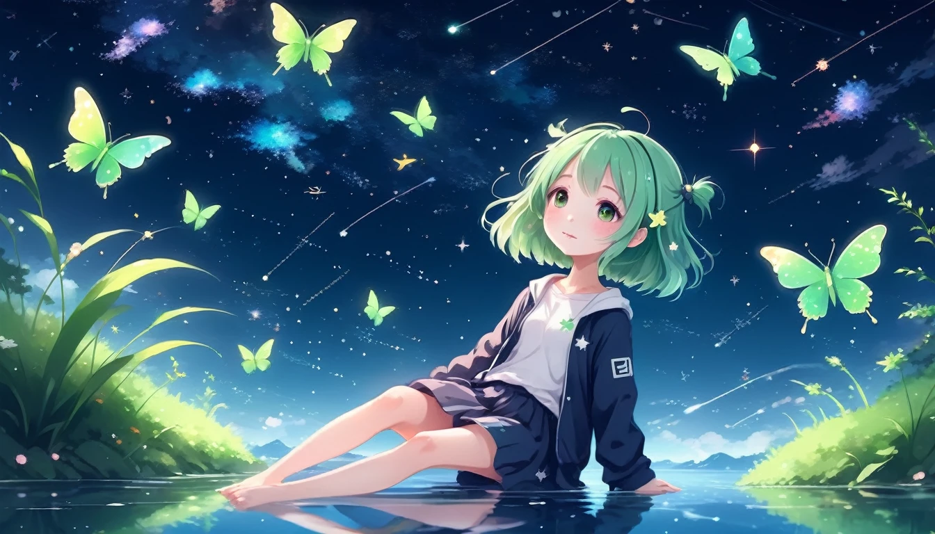 Cute girl characters、Depicts a scene of grassy butterflies flitting about lying on the surface of the water, Look up at the starry sky. Surround her with colorful nebulas and your favorite constellations。.