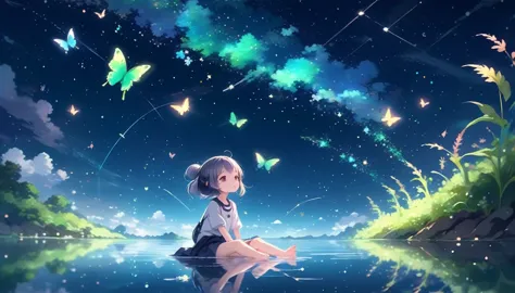 Cute girl characters、Depicts a scene of grassy butterflies flitting about lying on the surface of the water, Look up at the star...