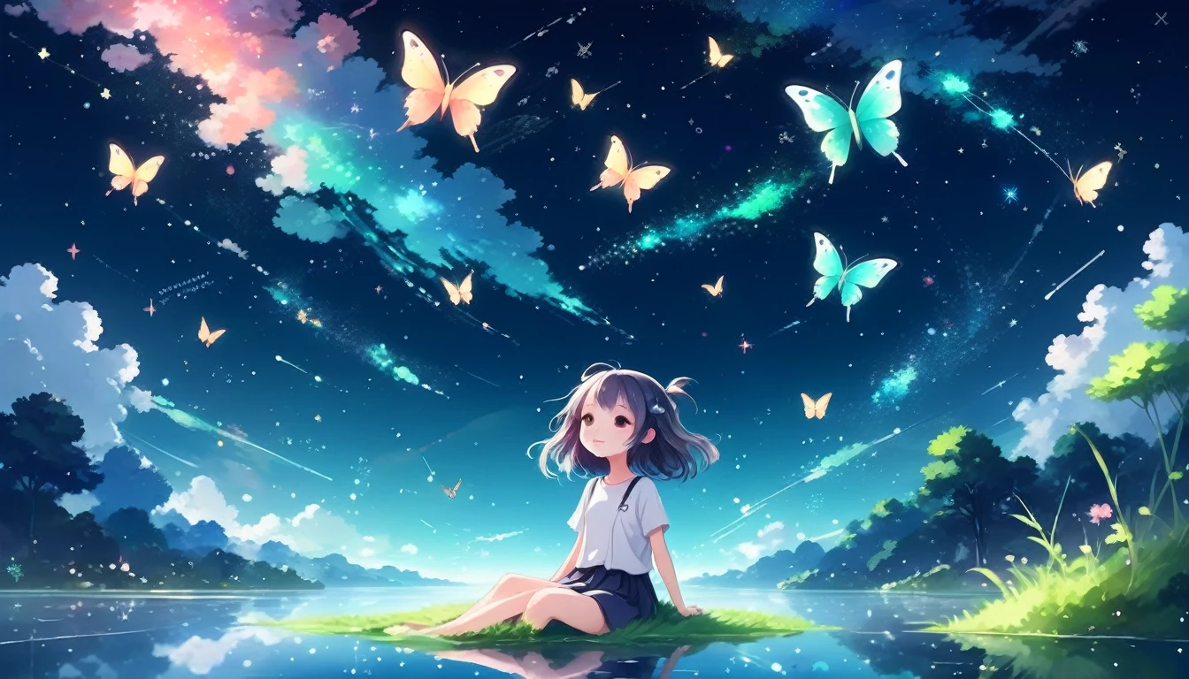 Cute girl characters、Depicts a scene of grassy butterflies flitting about lying on the surface of the water, Look up at the starry sky. Surround her with colorful nebulas and your favorite constellations。.