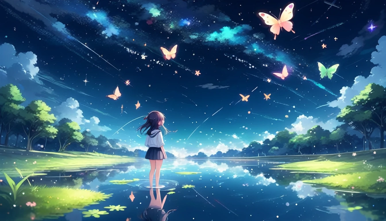 Cute girl characters、Depicts a scene of grassy butterflies flitting about lying on the surface of the water, Look up at the starry sky. Surround her with colorful nebulas and your favorite constellations。.