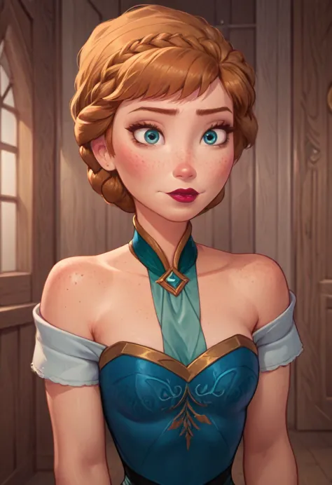 ((masterpiece, best quality)), disney reference, (anna), anna grins, lipstick, freckles on face, upper body: bare shoulders, ski...