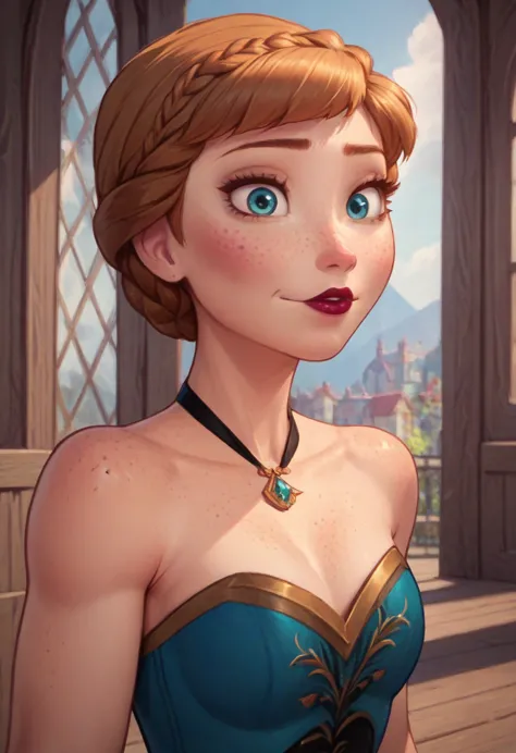 ((masterpiece, best quality)), disney reference, (anna), anna grins, lipstick, freckles on face, upper body: bare shoulders, ski...