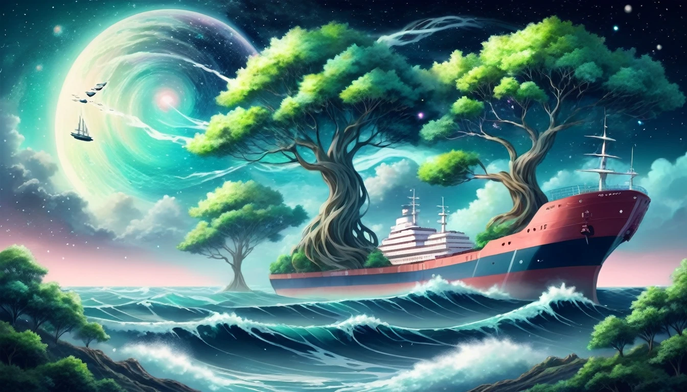 trees, hair, waves, ships, galaxies, trees, surreal image