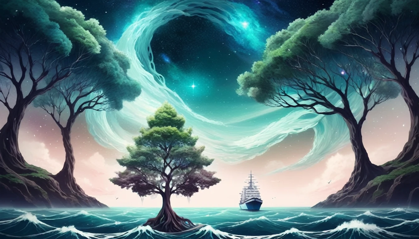 trees, hair, waves, ships, galaxies, trees, surreal image