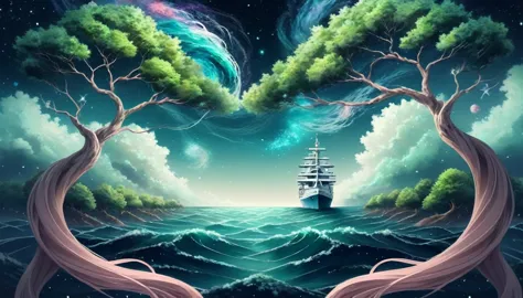 trees, hair, waves, ships, galaxies, trees, surreal image