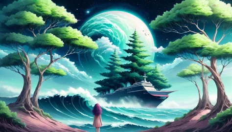trees, hair, waves, ships, galaxies, trees, surreal image