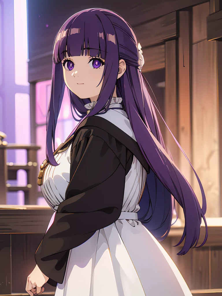 è²ä¼¦,1girl,solo,purple hair,long hair,purple eyes,blunt bangs,sidelocks,half updo,bright pupils, hair ornament,frilled collar,black robe,white dress,center frills,buttons,wide sleeves,long sleeves,curvy,cowboy shot,brown coat,from side,smile,, Exquisite visuals, high-definition,masterpiece,best quality,, 20yo,Young female,Beautiful Finger,Beautiful long legs,Beautiful body,Beautiful Nose,Beautiful character design, perfect eyes, perfect face,expressive eyes, looking at viewer, official art,extremely detailed CG unity 8k wallpaper, perfect lighting,Colorful, Bright_Front_face_Lighting,shiny skin, (masterpiece:1.0),(best_quality:1.0), ultra high res,4K,ultra-detailed, photography, 8K, HDR, highres, absurdres:1.2, Kodak portra 400, film grain, blurry background, bokeh:1.2, lens flare, (vibrant_color:1.2), (beautiful_face:1.5),(narrow_waist),