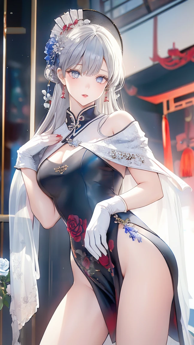 1 girl, (Low style: 1.5), bangs, lips, dress, Long Hair, blue eyes, High thighs, Off the shoulder, Low style Chinese dress, chinese garment, lipstick, Realistic, Rose, jewelry, Earrings, Curly Hair, flower holding, gloves, elbow gloves, white gloves, compensate, White thighs, Gray Hair, flower, Are standing,