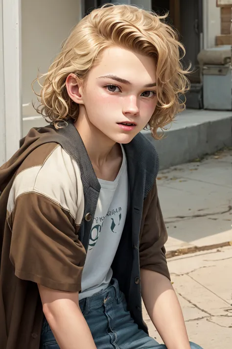 16-year-old male teenager, with very short, almost bald, wavy blonde hair, with white background, dark brown eyes, fair skin and...