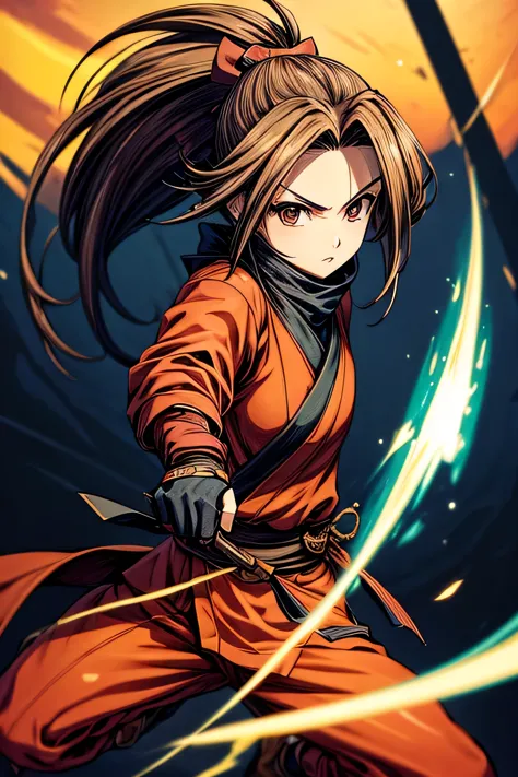 (masterpiece, best quality, ultra detailed), 1girl, ninja, shinobi, kunoichi, brown hair, short katana, blue flame, flame, actio...