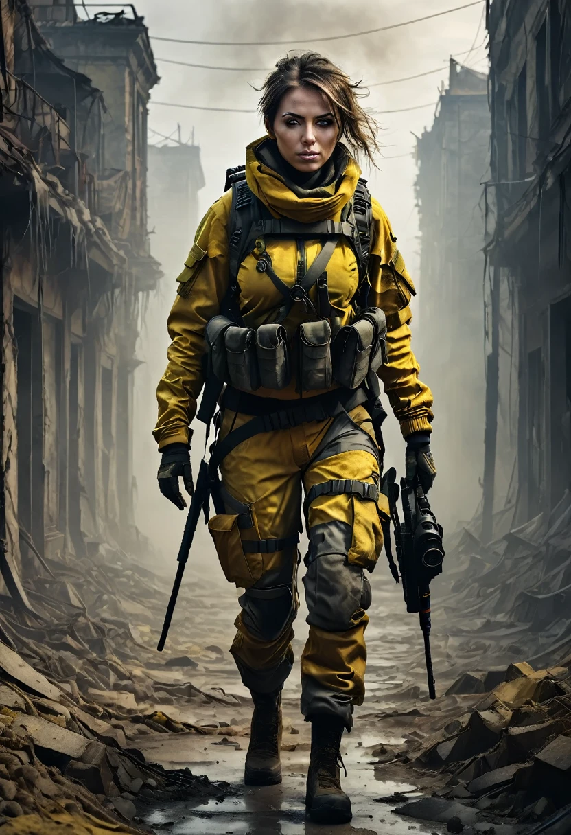 masterpiece, best quality, high resolution, rich details, 8k, extreme light and shadow, image of a beautiful young woman wearing yellow tactical gear, dirty and dusty , walking down a desolated street in a collapsed city, post apocalypse, smoke and fog in the air, BREAK yellow gray sky covered with toxic cloud, collapsed building, broken street, tall body, detailed face, detailed eye, cold face, dirty, (post apocalypse theme),